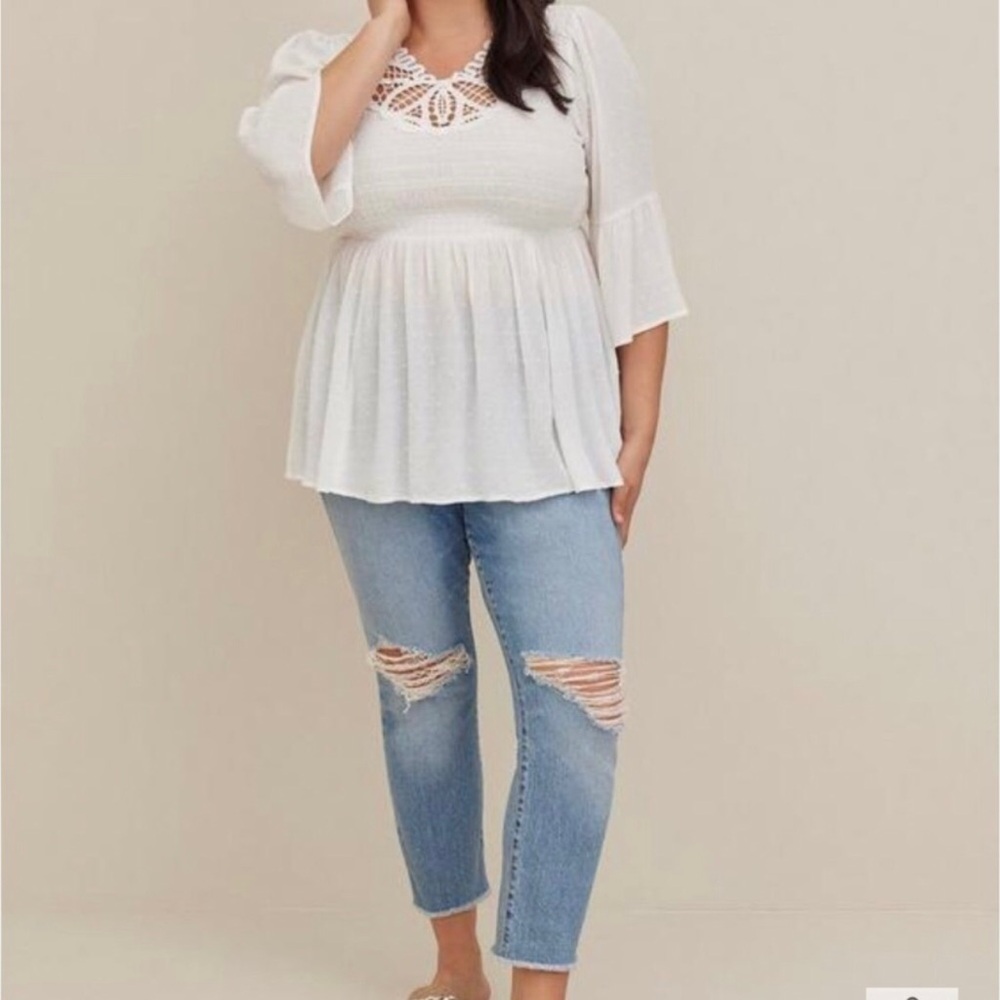 Torrid White Womens Plus BABYDOLL CLIP DOT GAUZE WITH CROCHET DETAIL TOP Size 4X